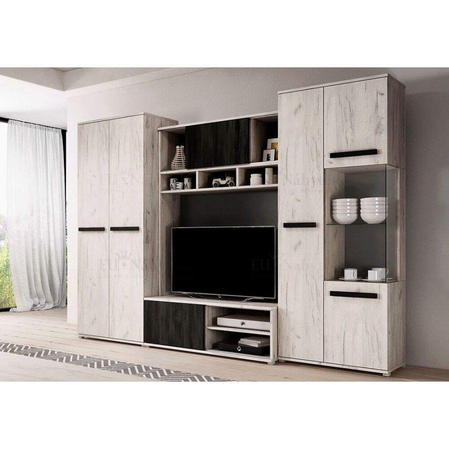 Obývací stěna VIVIAN dub Craft White + norská černá borovice DOPRODEJ*