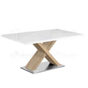 Jídelní stůl, bílá s vysokým leskem HG / dub sonoma, 160x90 cm, FARNEL