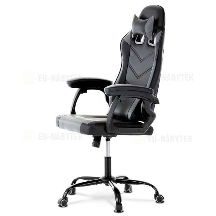 Herní křeslo, šedá a černá ekokůže, houpací mech., opěrák 135°