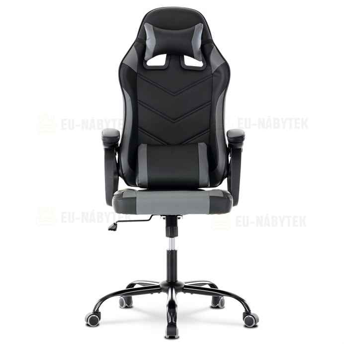 Herní křeslo, šedá a černá ekokůže, houpací mech., opěrák 135°