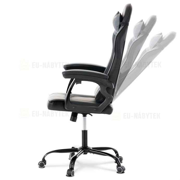 Herní křeslo, šedá a černá ekokůže, houpací mech., opěrák 135°