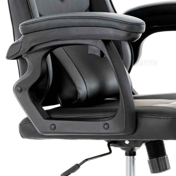 Herní křeslo, šedá a černá ekokůže, houpací mech., opěrák 135°