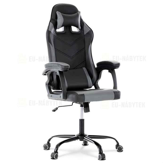 Herní křeslo, šedá a černá ekokůže, houpací mech., opěrák 135°