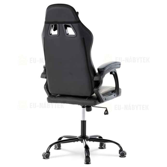 Herní křeslo, šedá a černá ekokůže, houpací mech., opěrák 135°