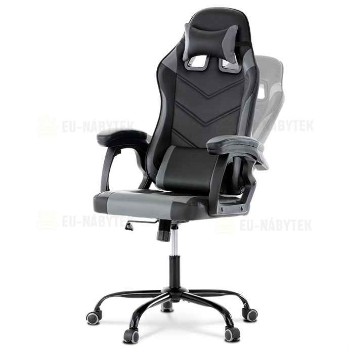 Herní křeslo, šedá a černá ekokůže, houpací mech., opěrák 135°