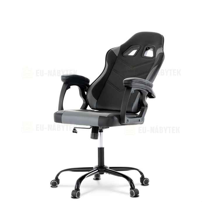 Herní křeslo, šedá a černá ekokůže, houpací mech., opěrák 135°