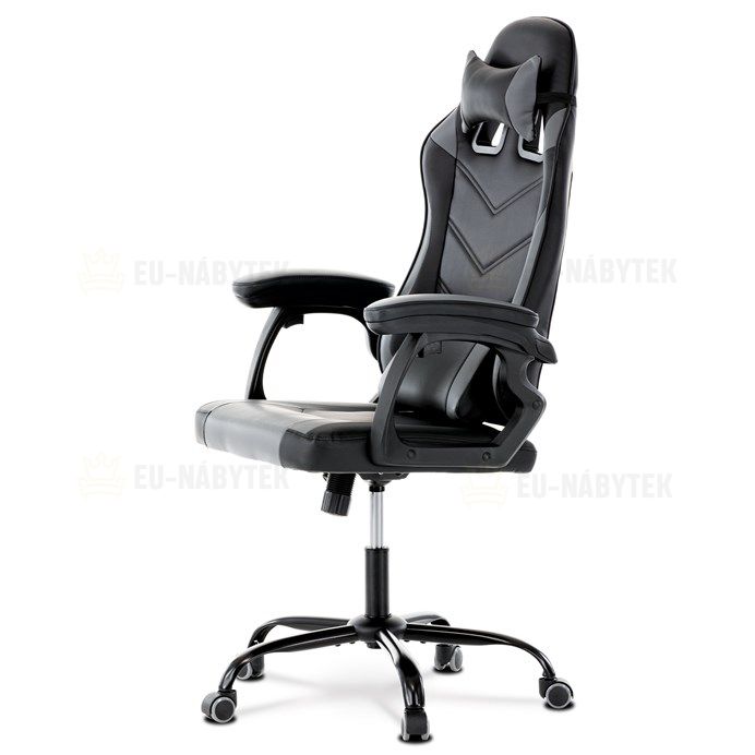 Herní křeslo, šedá a černá ekokůže, houpací mech., opěrák 135°