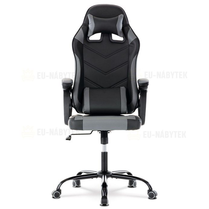 Herní křeslo, šedá a černá ekokůže, houpací mech., opěrák 135°