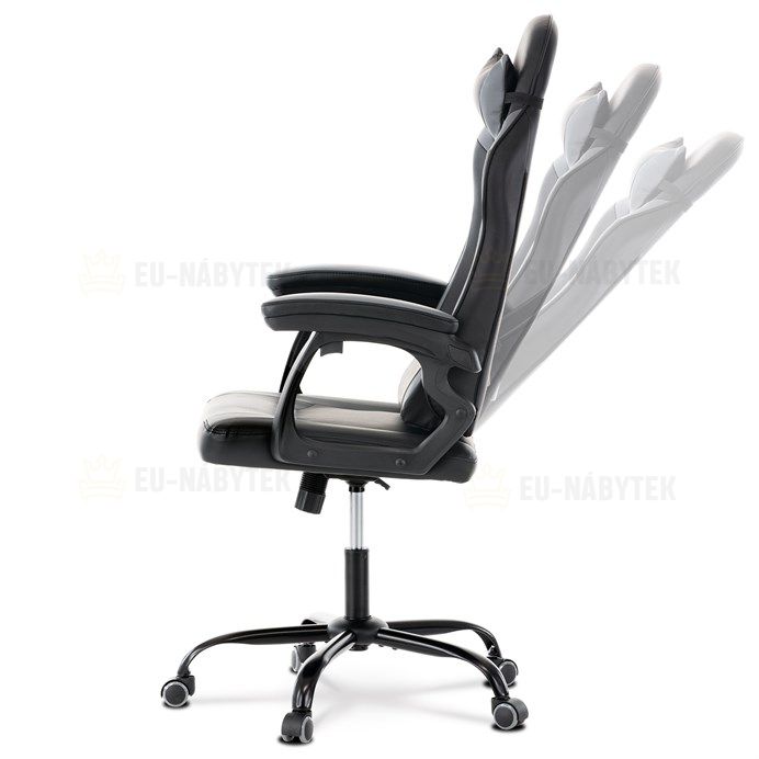 Herní křeslo, šedá a černá ekokůže, houpací mech., opěrák 135°