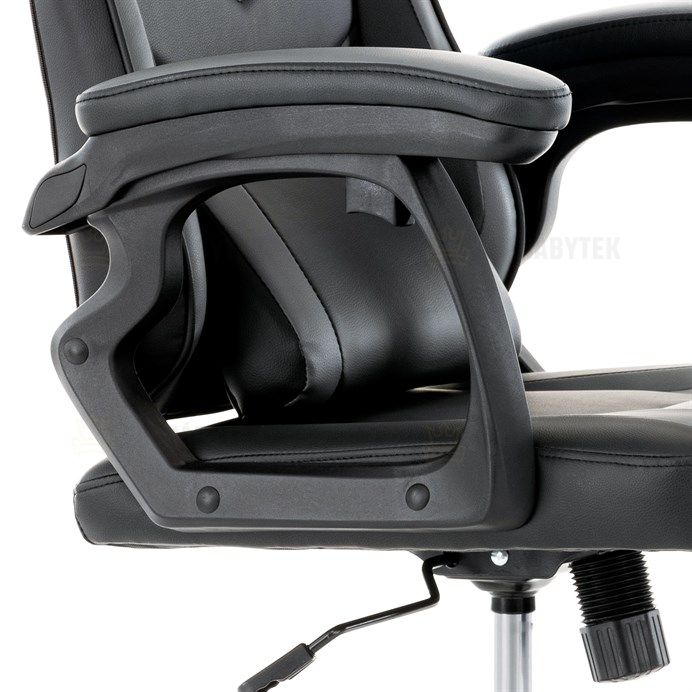 Herní křeslo, šedá a černá ekokůže, houpací mech., opěrák 135°