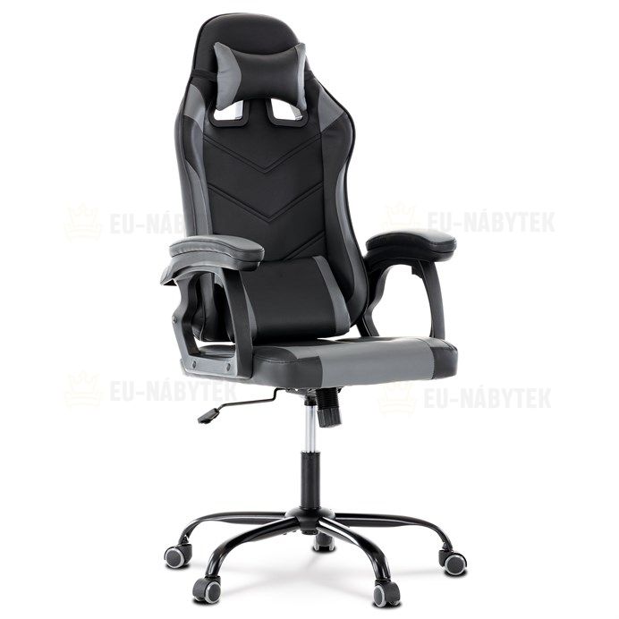 Herní křeslo, šedá a černá ekokůže, houpací mech., opěrák 135°