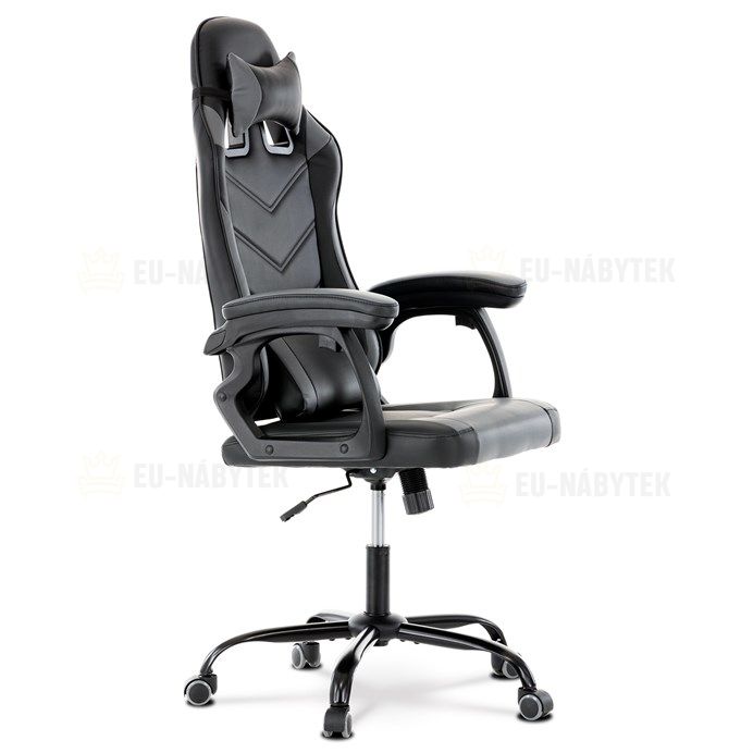 Herní křeslo, šedá a černá ekokůže, houpací mech., opěrák 135°