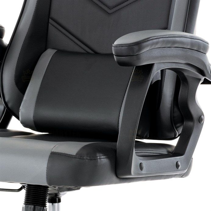 Herní křeslo, šedá a černá ekokůže, houpací mech., opěrák 135°