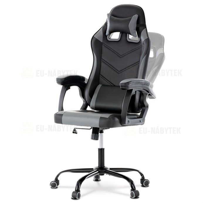 Herní křeslo, šedá a černá ekokůže, houpací mech., opěrák 135°