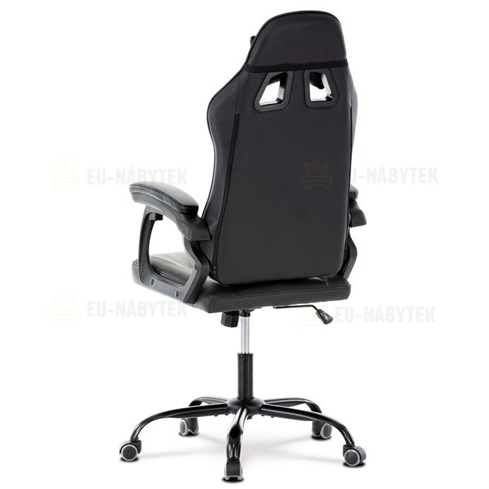 Herní křeslo, šedá a černá ekokůže, houpací mech., opěrák 135°