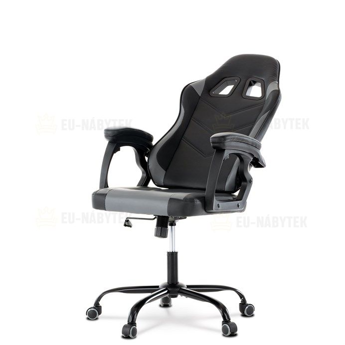 Herní křeslo, šedá a černá ekokůže, houpací mech., opěrák 135°