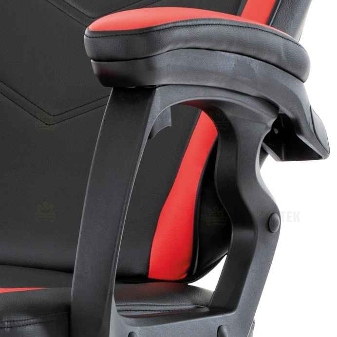 Herní křeslo, červená a černá ekokůže, houpací mech., opěrák 135°