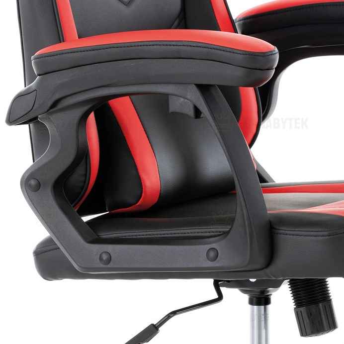 Herní křeslo, červená a černá ekokůže, houpací mech., opěrák 135°