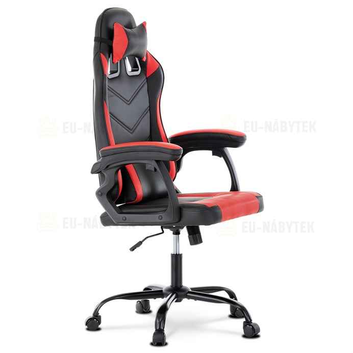 Herní křeslo, červená a černá ekokůže, houpací mech., opěrák 135°