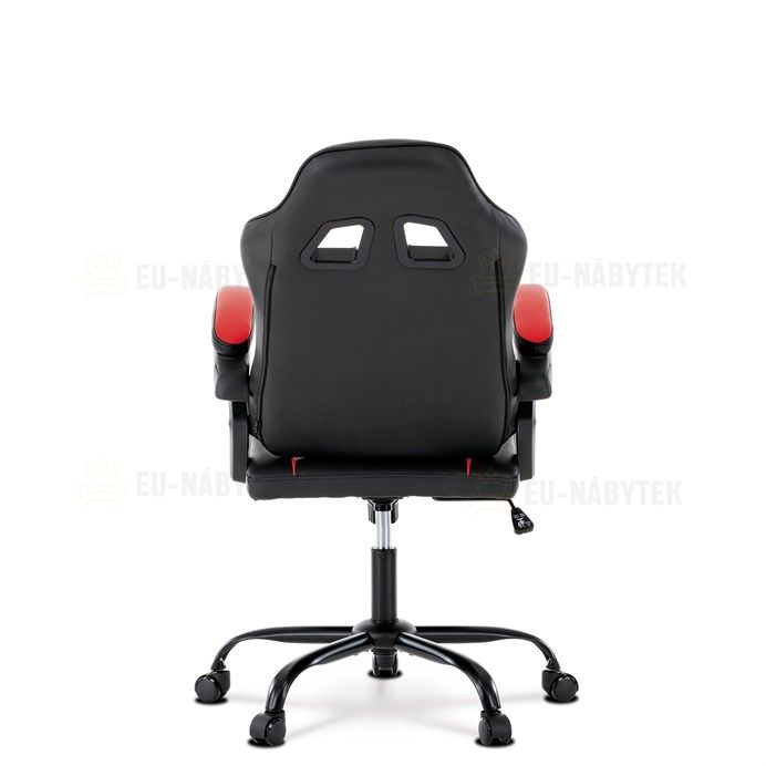 Herní křeslo, červená a černá ekokůže, houpací mech., opěrák 135°