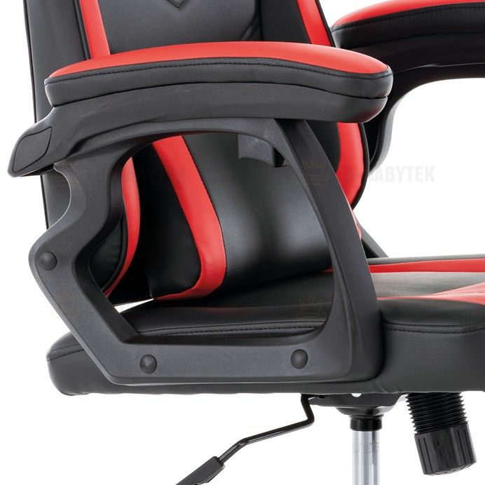 Herní křeslo, červená a černá ekokůže, houpací mech., opěrák 135°