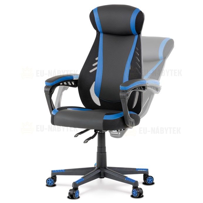 Herní křeslo, modrá, černá ekokůže a černá látka a síťovina MESH, PCA mech