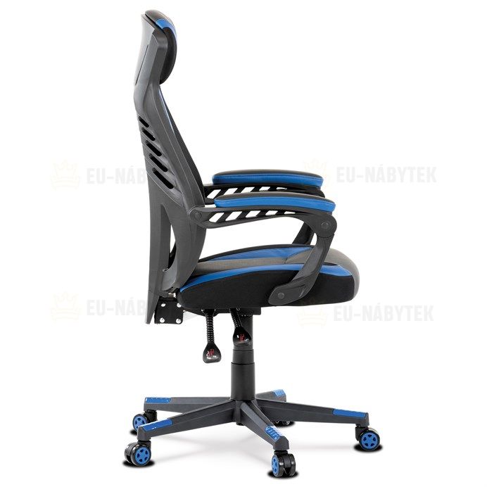 Herní křeslo, modrá, černá ekokůže a černá látka a síťovina MESH, PCA mech