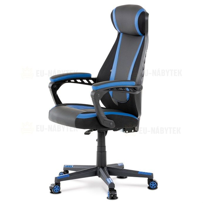 Herní křeslo, modrá, černá ekokůže a černá látka a síťovina MESH, PCA mech