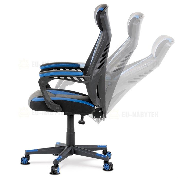 Herní křeslo, modrá, černá ekokůže a černá látka a síťovina MESH, PCA mech