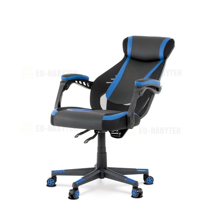 Herní křeslo, modrá, černá ekokůže a černá látka a síťovina MESH, PCA mech