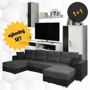 Set sedací souprava HERMINA + obývací stěna HONGKONG bílá/černá