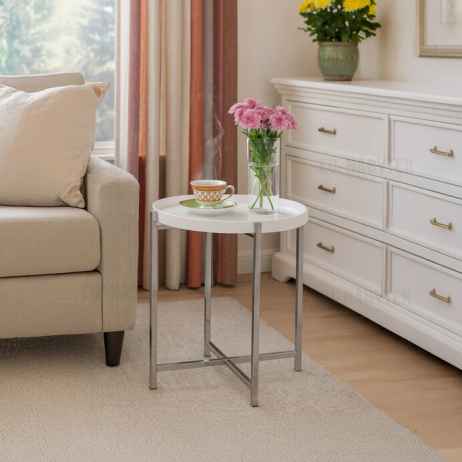 Odkládací stolek pr.50x50 cm, deska dřevo, bílý mat. lak, kovové chromované nohy