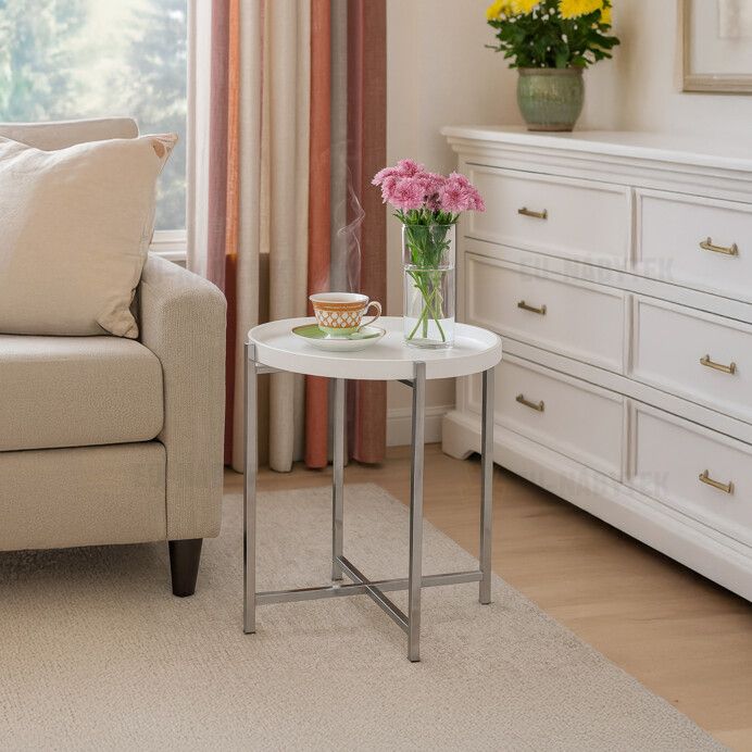 Odkládací stolek pr.50x50 cm, deska dřevo, bílý mat. lak, kovové chromované nohy