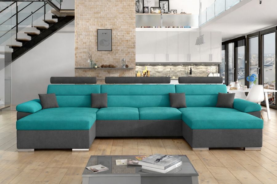 Rozkládací rohová sedačka LEILA U 375x160 tyrkysová / šedá