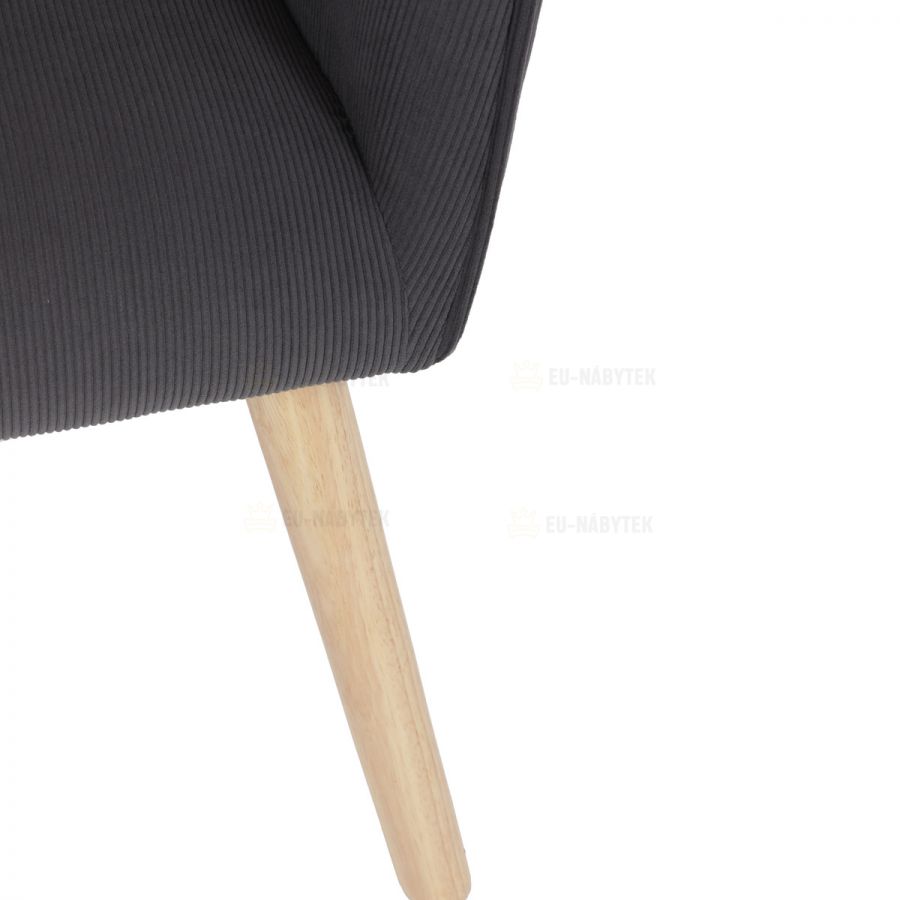 Křeslo, potah šedá manšestrová látka, dřevěné nohy, masiv kaučukovník