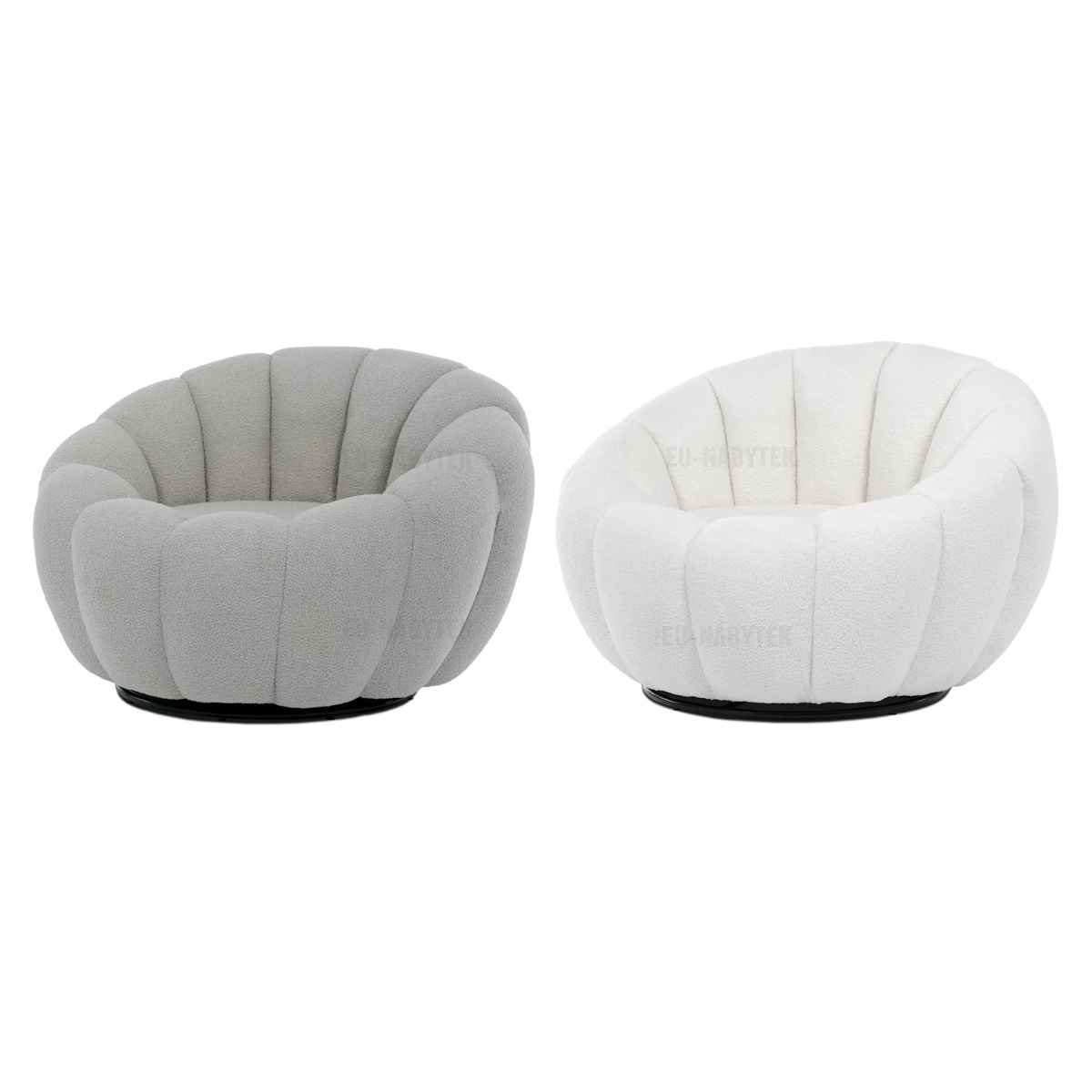 Křeslo relaxační, látka bílá Bouclé, otočné.