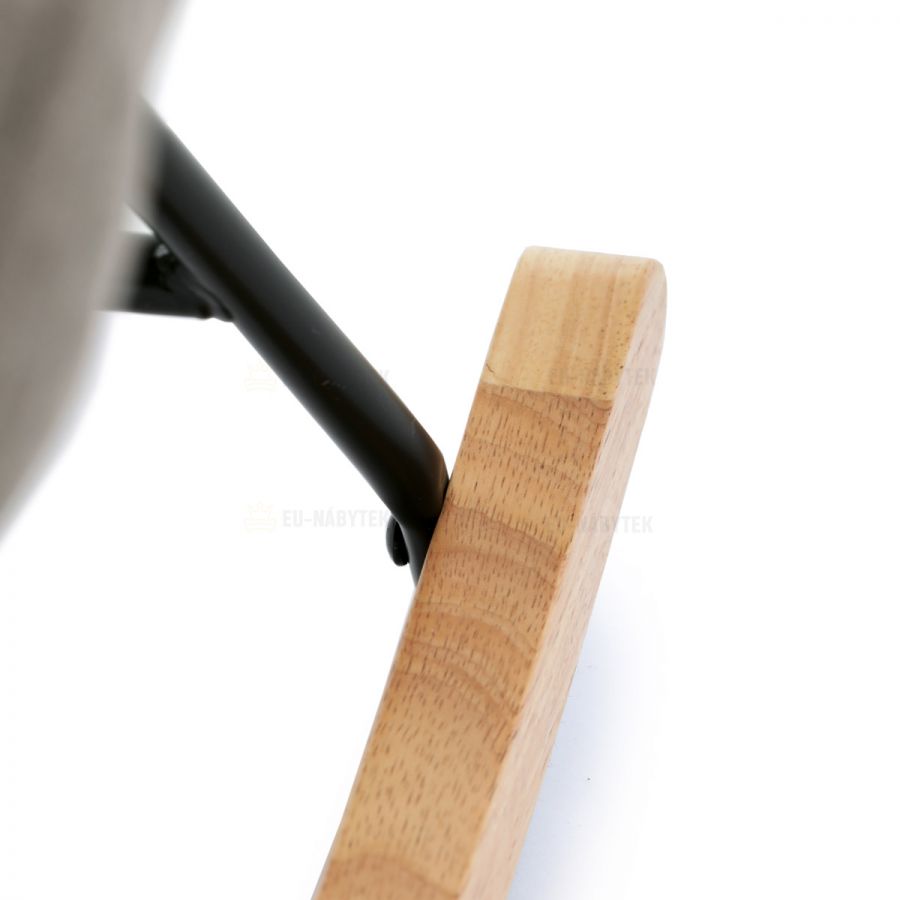 Křeslo houpací, potah hnědá látka, dřevěné nohy, masiv kaučukovník