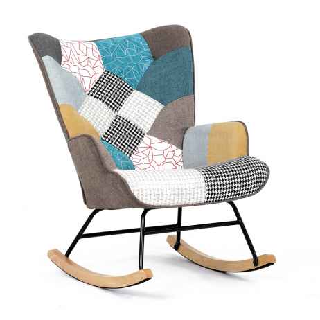 Křeslo houpací, potah patchwork látka, dřevěné nohy, masiv kaučukovník