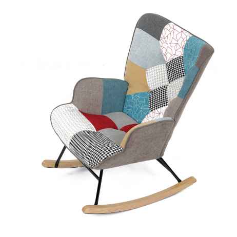 Křeslo houpací, potah patchwork látka, dřevěné nohy, masiv kaučukovník