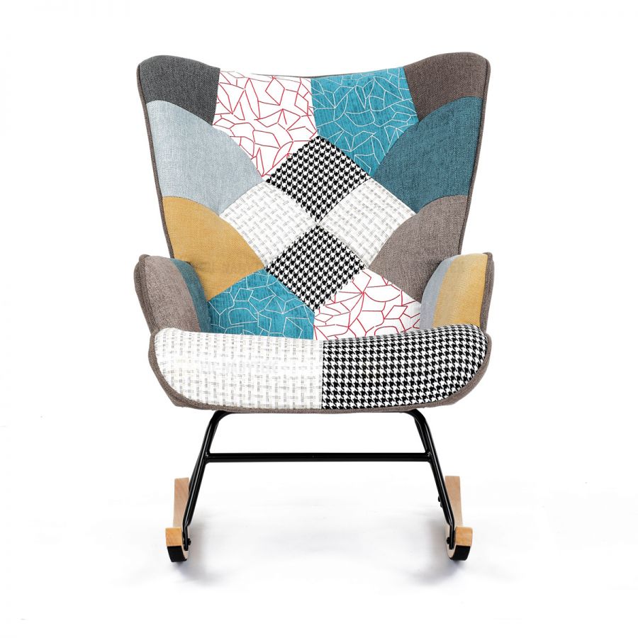 Křeslo houpací, potah patchwork látka, dřevěné nohy, masiv kaučukovník