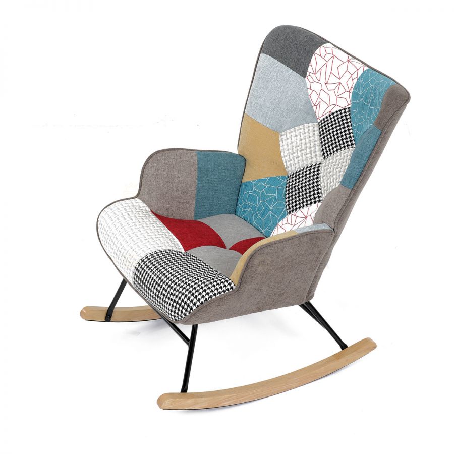Křeslo houpací, potah patchwork látka, dřevěné nohy, masiv kaučukovník