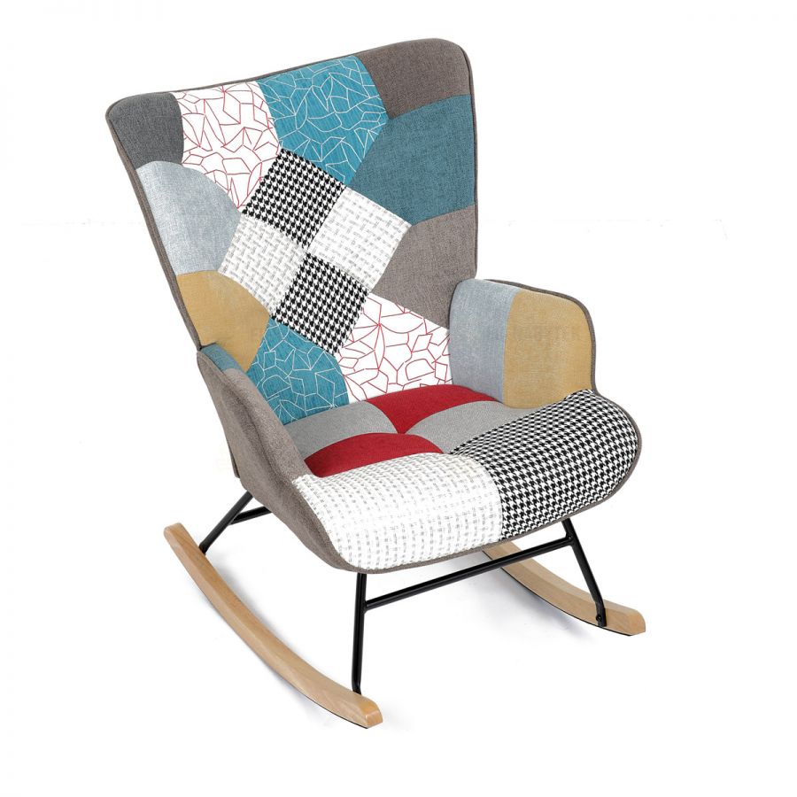 Křeslo houpací, potah patchwork látka, dřevěné nohy, masiv kaučukovník