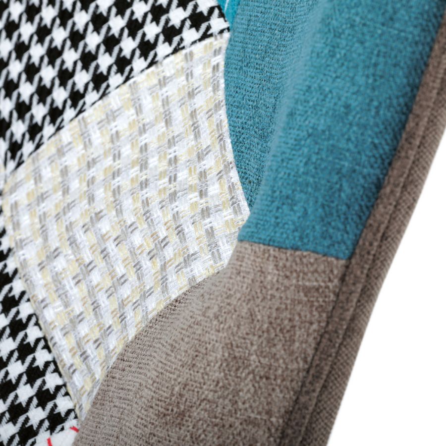 Křeslo houpací, potah patchwork látka, dřevěné nohy, masiv kaučukovník
