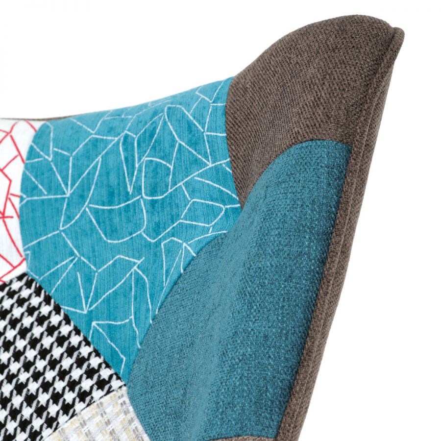 Křeslo houpací, potah patchwork látka, dřevěné nohy, masiv kaučukovník