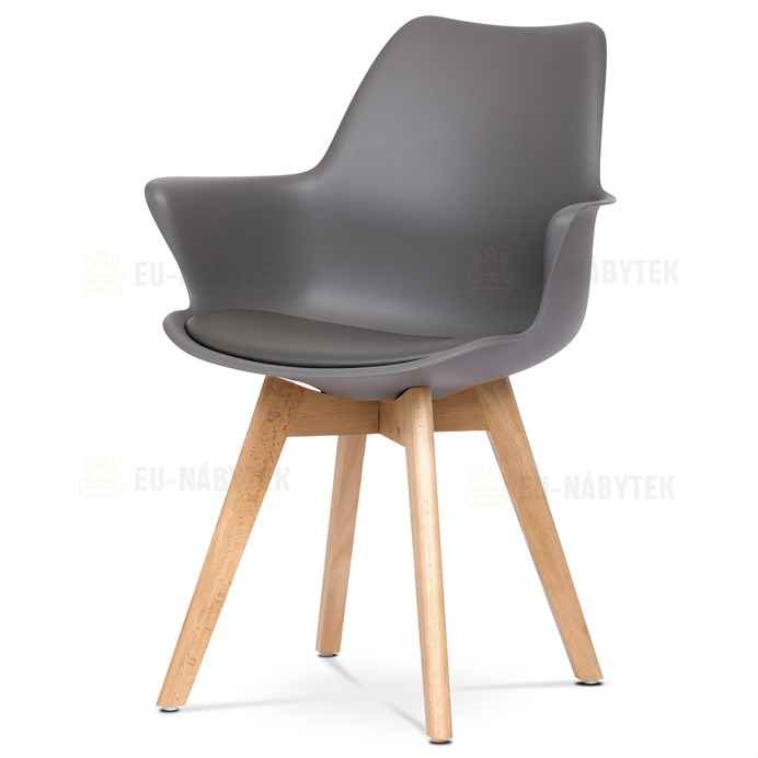 Židle jídelní, šedá plastová skořepina, sedák ekokůže, nohy masiv přírodní buk