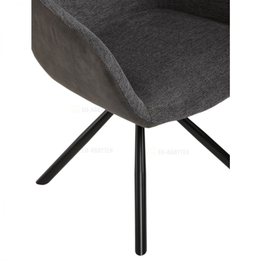 Židle jídelní, šedá látka a tmavě šedá látka v dekoru vintage kůže, černý kov, otočná P90°+ L90° s vratným mechanismem -