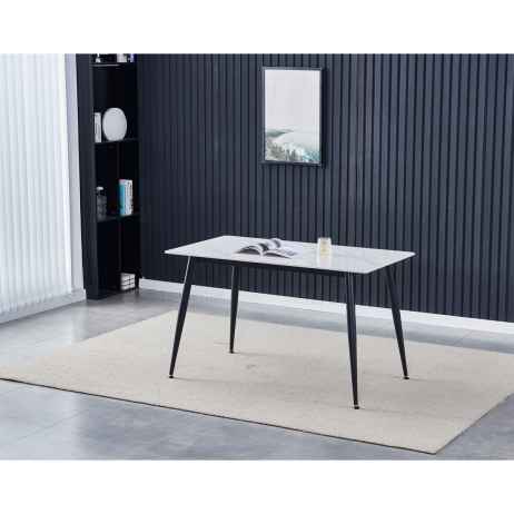 Stůl jídelní 130x70x76 cm, deska slinutý kámen v imitaci matného mramoru, černé kovové nohy