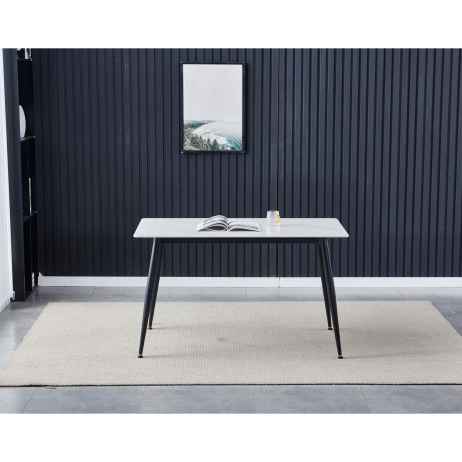 Stůl jídelní 130x70x76 cm, deska slinutý kámen v imitaci matného mramoru, černé kovové nohy