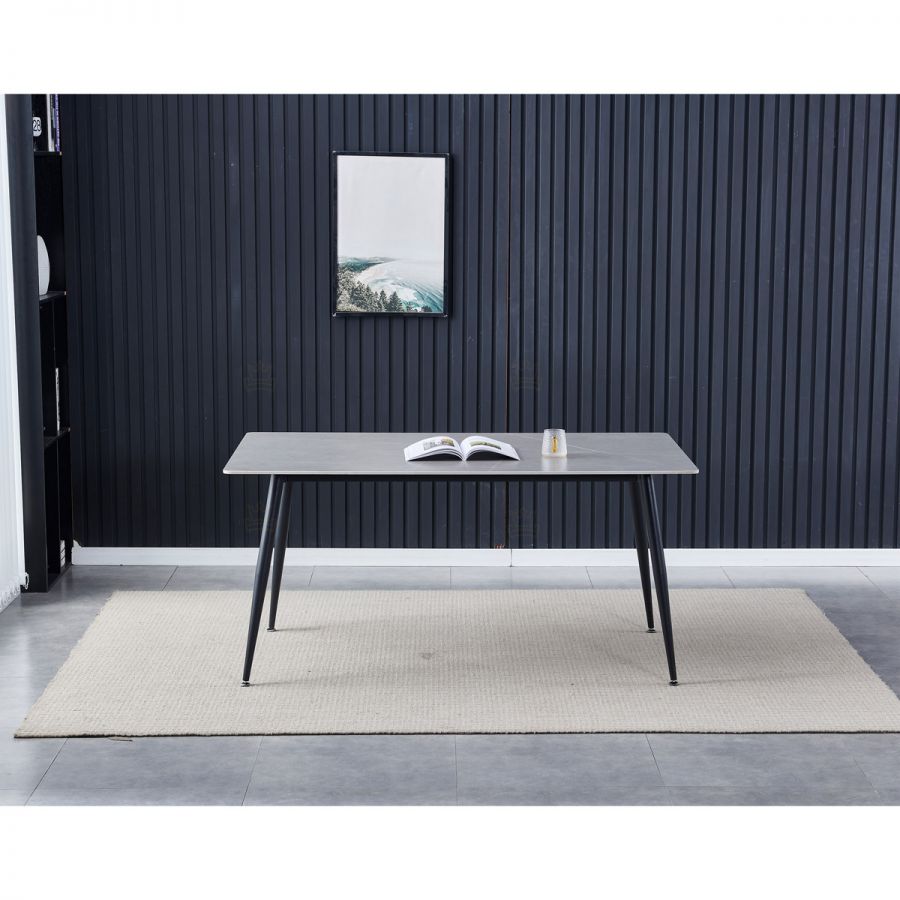 Stůl jídelní 160x90x76 cm, deska slinutý kámen v imitaci matného mramoru, černé kovové nohy