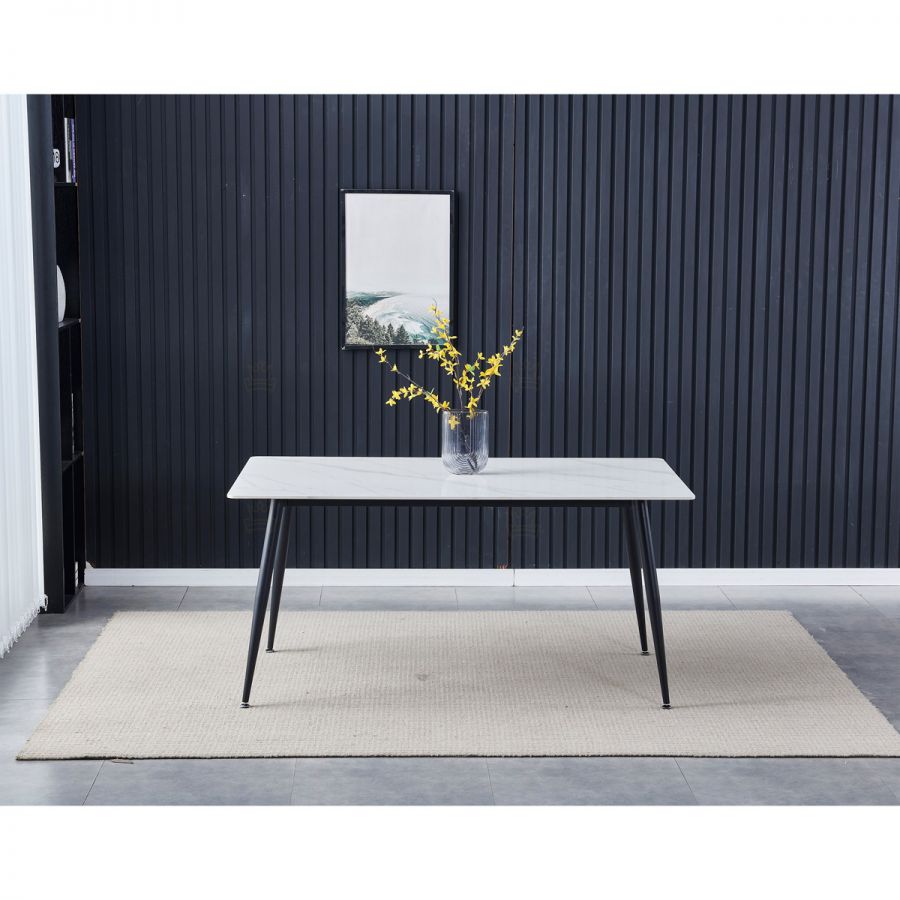 Stůl jídelní 160x90x76 cm, deska slinutý kámen v imitaci matného mramoru, černé kovové nohy